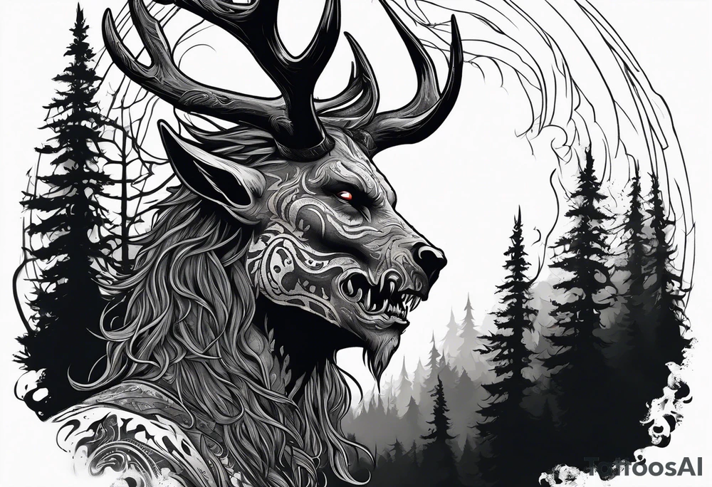 A scary terrifying horrifying zombie lore accurate wendigo side profile surrounded by a forest fire in background tattoo idea