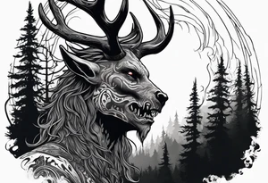 A scary terrifying horrifying zombie lore accurate wendigo side profile surrounded by a forest fire in background tattoo idea