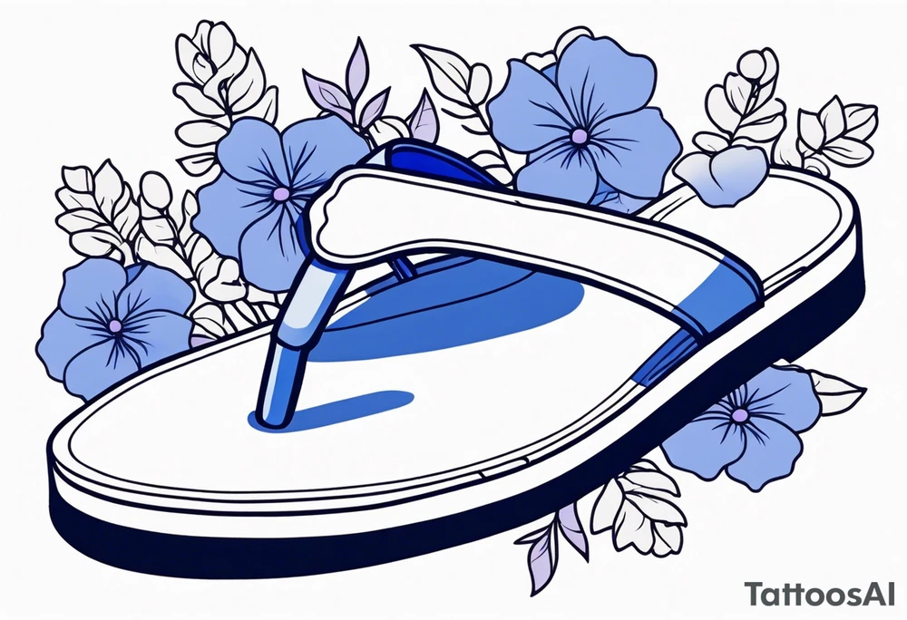 small tattoo of a light periwinkle flip flop surrounded by blue and lavender hydrangea flowers tattoo idea