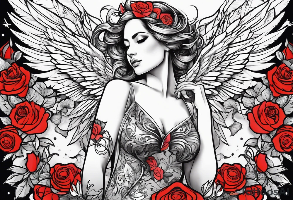 Beautiful woman angle with wings standing surrounded by roses tattoo idea