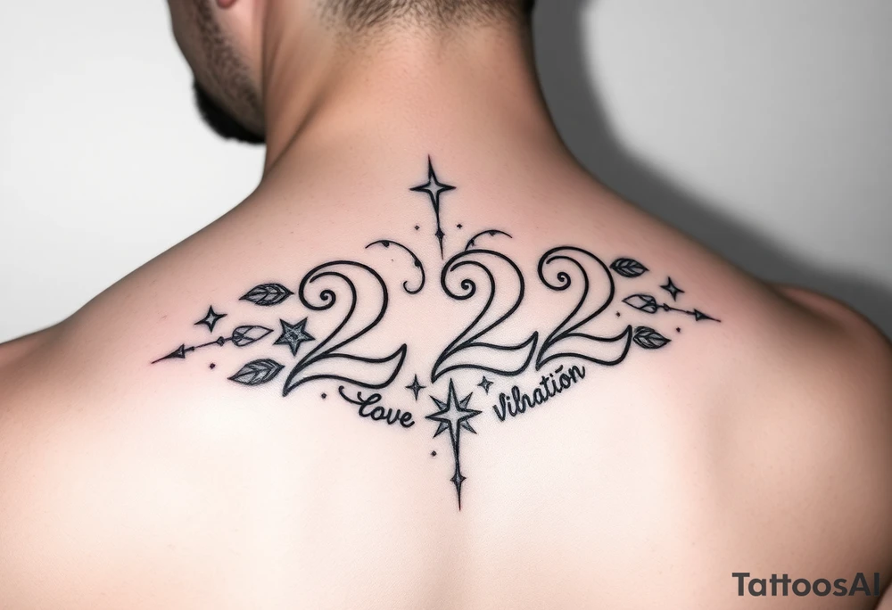 Bold 222 surrounded with love and stardust and vibration tattoo idea