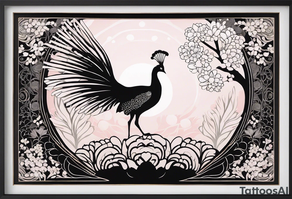 Black and white silhouette illustration of a twilight sakura garden with glowing peafowls. The peafowls are shown with their tails fanned out, featuring intricate mandala-style patterns within the feathers. The sakura blossoms are depicted as delicate, swirling shapes, creating a serene and symmetrical environment. The garden is framed by Art Nouveau-inspired curved lines and elegant scrollwork, leading into concentric circles made of stylized cherry blossoms and vines. The overall composition has a magical, ethereal quality, with the glowing feathers and intricate details adding depth and harmony to the peaceful, floral sanctuary. tattoo idea