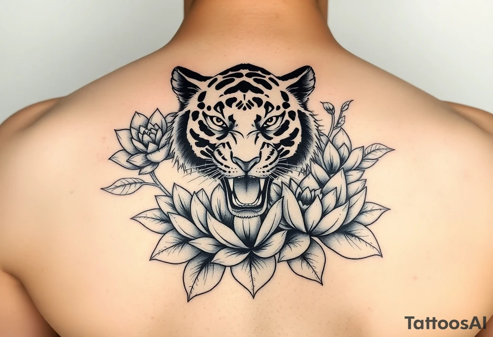 fierce tiger emerging through blooming lotus flowers in mist tattoo idea