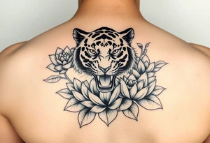 fierce tiger emerging through blooming lotus flowers in mist tattoo idea