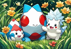 Togepi and totodile playing together in a field tattoo idea