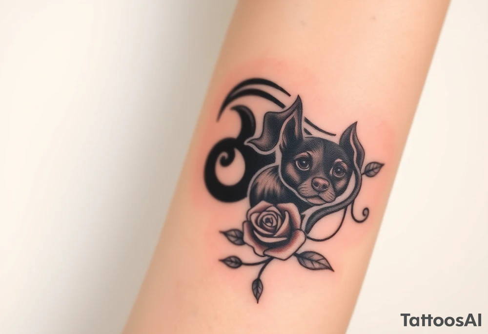 Cute female  large hound dog mix Brindle dog with the name kiwi . And a tiny rose around her . With her ears pointy a little big tattoo idea