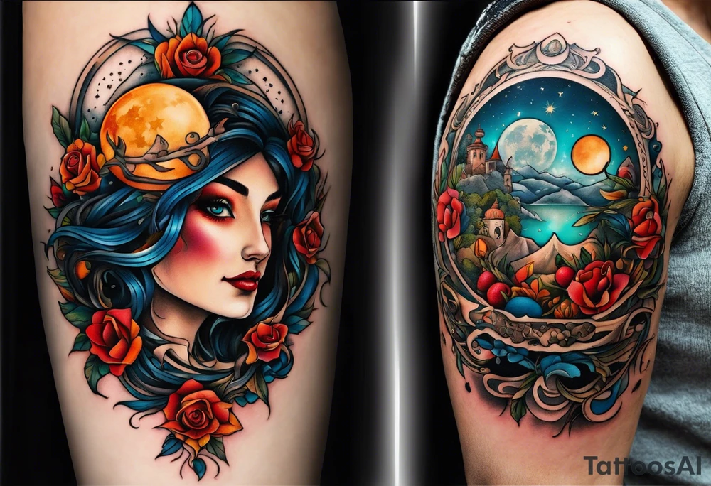 A tattoo design inspired by southern Italian folklore tales, incorporating mystical creatures and celestial objects such as moons and stars, reflecting the client's love for folklore and celestial objects. tattoo idea