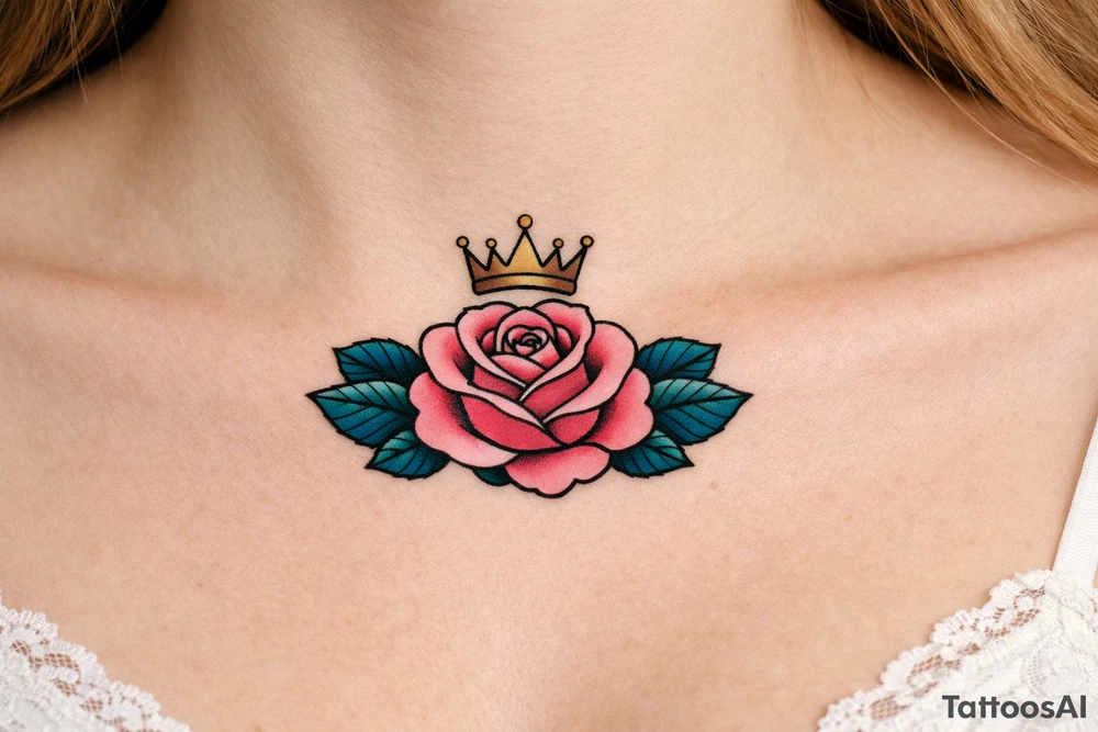 Pink and petrol rose , petrol leaves no stem, minimalist crown above it tattoo idea