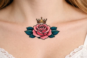 Pink and petrol rose , petrol leaves no stem, minimalist crown above it tattoo idea