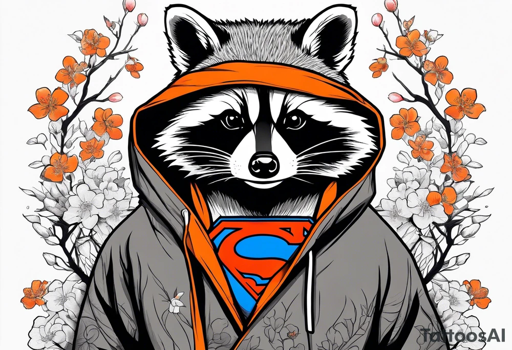 raccoon wearing a Superman hoodie with orange Japanese cherry blossoms tattoo idea