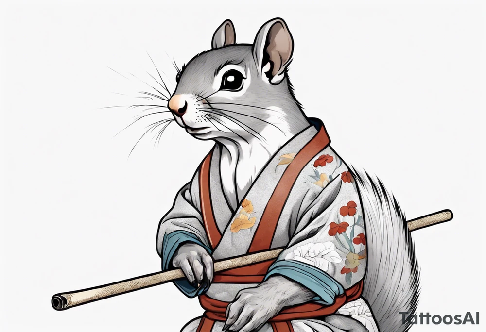 a sad grey squirrel dressed in a tunic holding a large white stick tattoo idea