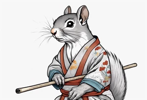 a sad grey squirrel dressed in a tunic holding a large white stick tattoo idea