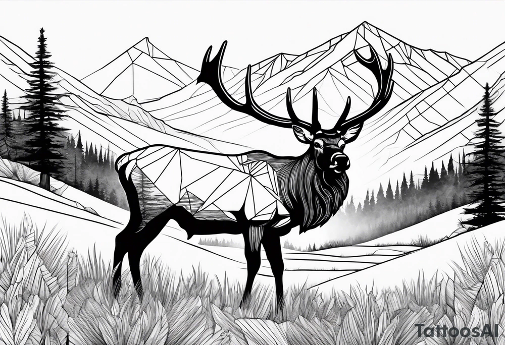 rocky mountains with an elk in a field tattoo idea