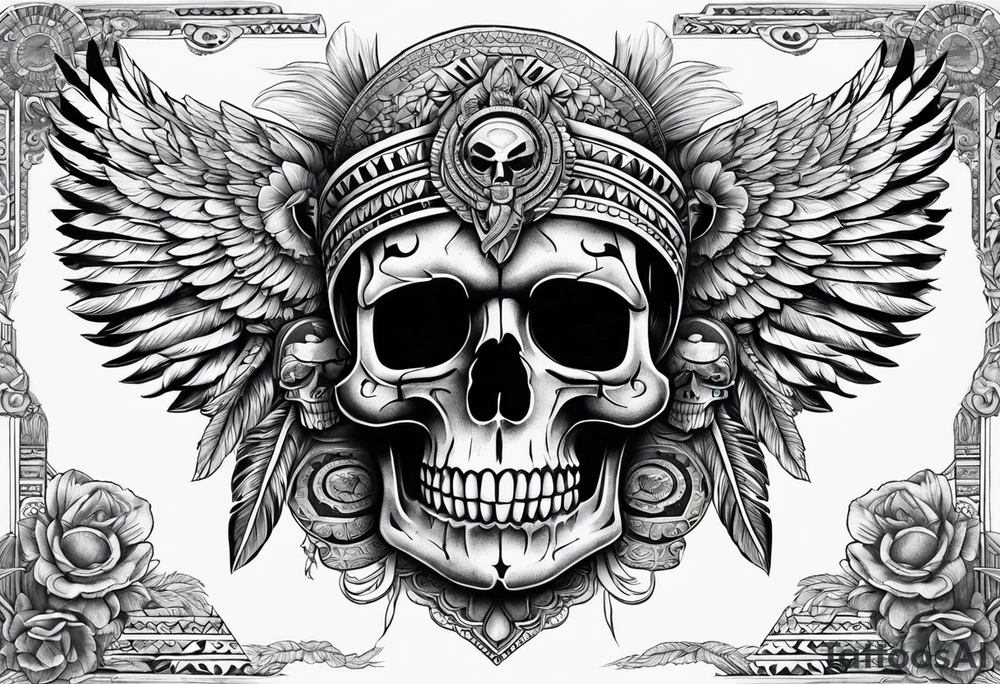 aztec skull tatto, with mexican roots and with eagle or exotic birds in the background with angel wings tattoo idea