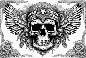 aztec skull tatto, with mexican roots and with eagle or exotic birds in the background with angel wings tattoo idea