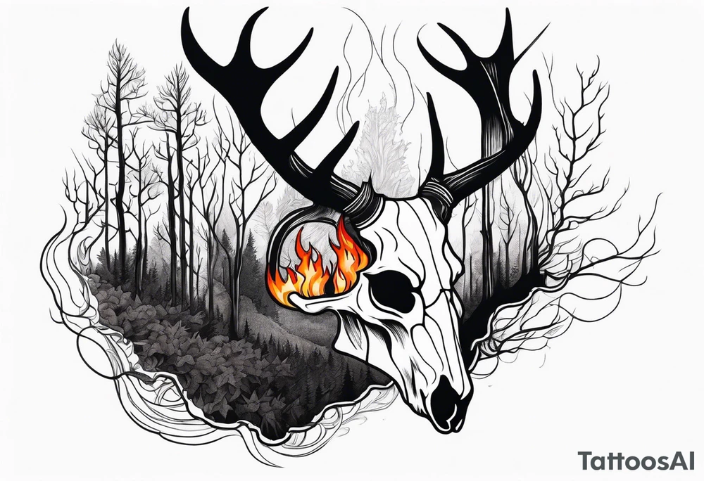 Scary side profile of a DECAYING deer skull JUST BONE surrounded by a flames and trees in background tattoo idea