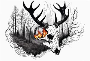 Scary side profile of a DECAYING deer skull JUST BONE surrounded by a flames and trees in background tattoo idea