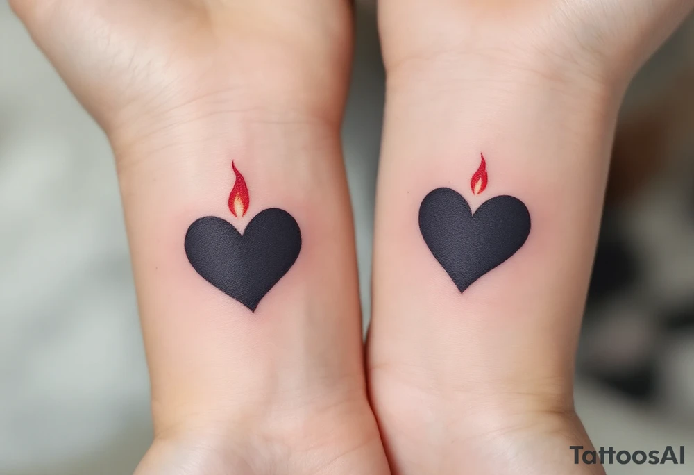 Black hearts with a small red flame above them on each wrist to represent burning love. tattoo idea