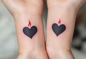 Black hearts with a small red flame above them on each wrist to represent burning love. tattoo idea