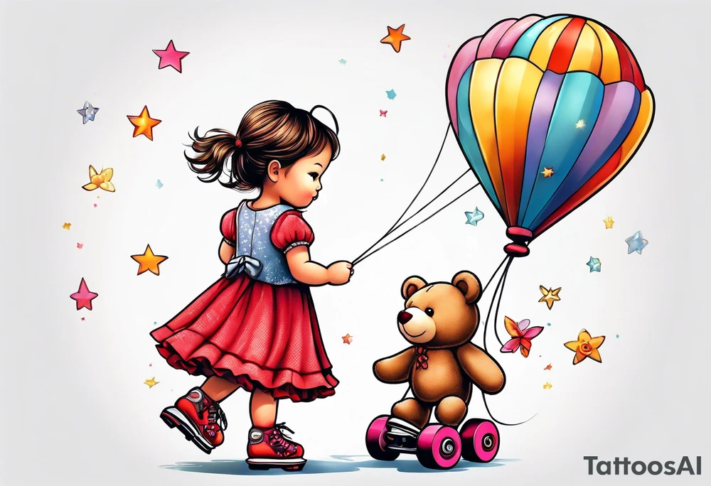 a little girl in a dress standing with a teddy bear in roller skates, flying a kite tattoo idea