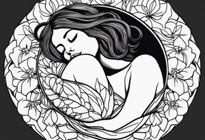 tattoo design of woman asleep in a fetal position inside a closed flower bud. Full body tattoo idea