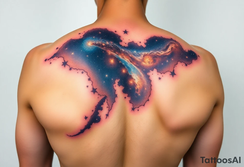 Beautiful and epic 3d milky way that appears to be what is beneath the skin. Make it drape over the shoulder and move to the middle back. use negative spaces to create stars and dust. Incorporate God breathing life into the universe. Keep it symmetrical tattoo idea