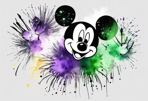 Mickey head in black and white with watercolor fireworks behind in green purple and yellow. tattoo idea
