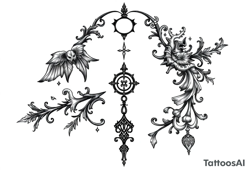 mystical and long ornament with witch mytolog and ancient rhyme tattoo idea