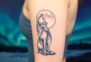 lone wolf howling at full moon with northern lights backdrop tattoo idea