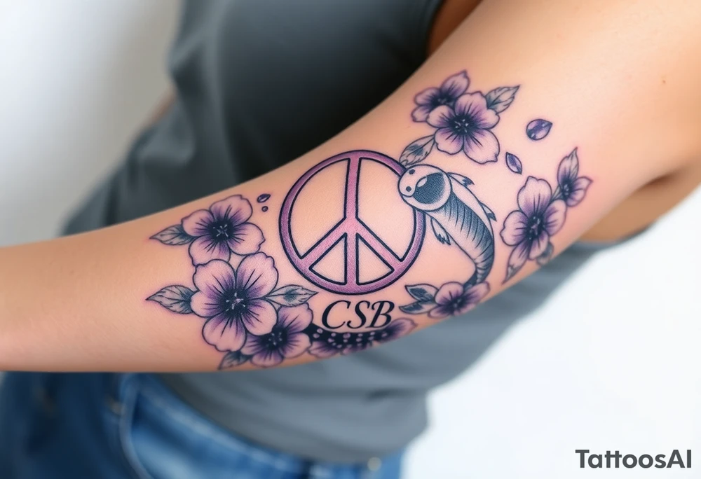peace symbol, dog prints, Pisces symbol, intertwined with violets, amethyst, initials csb in cursive font tattoo idea