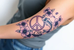 peace symbol, dog prints, Pisces symbol, intertwined with violets, amethyst, initials csb in cursive font tattoo idea