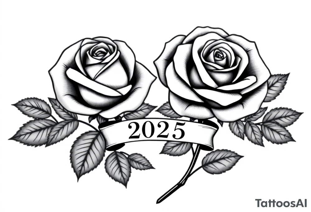 two beautiful large rose buds, one larger than the other, with many leaves next to the rose buds, with one sitting higher than the other. Include a banner connecting the two roses with the year "2025" on it.   Use dark outlines with little shading. The two stems should be short, not long, and connect and join into one stem, whimsically curved or twisted - not straight down. tattoo idea
