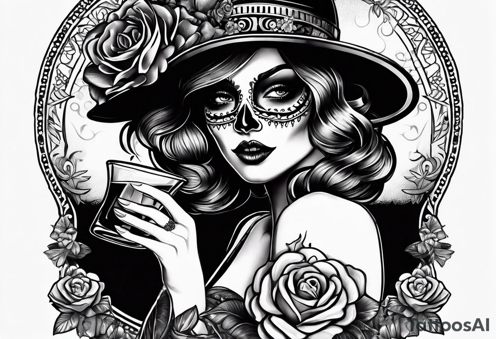 Flapper with sugar skull make up sipping a drink tattoo idea
