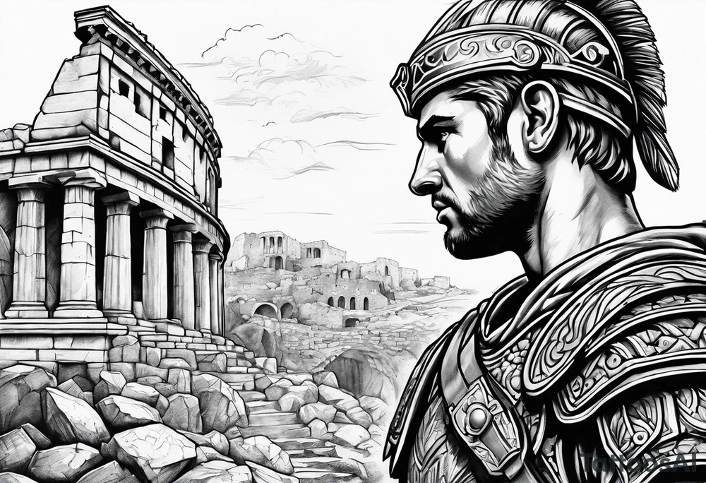 Roman soldier looking left at ruins tattoo idea