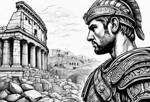 Roman soldier looking left at ruins tattoo idea