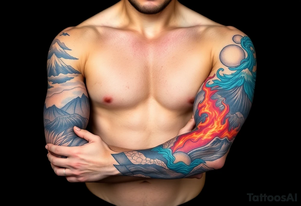 turtle sleeve with mountains, fire, water, air tattoo idea
