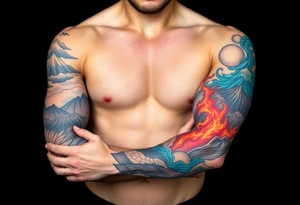 turtle sleeve with mountains, fire, water, air tattoo idea