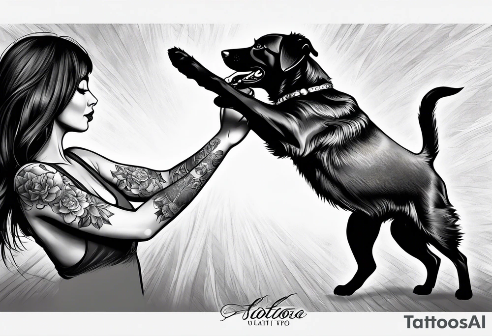 female dog reaching for the hand of a woman and she from back tattoo idea