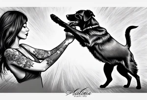 female dog reaching for the hand of a woman and she from back tattoo idea