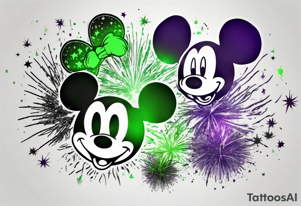 Mickey head and ears, no face, in black

Light fireworks behind in green, yellow, and purple tattoo idea