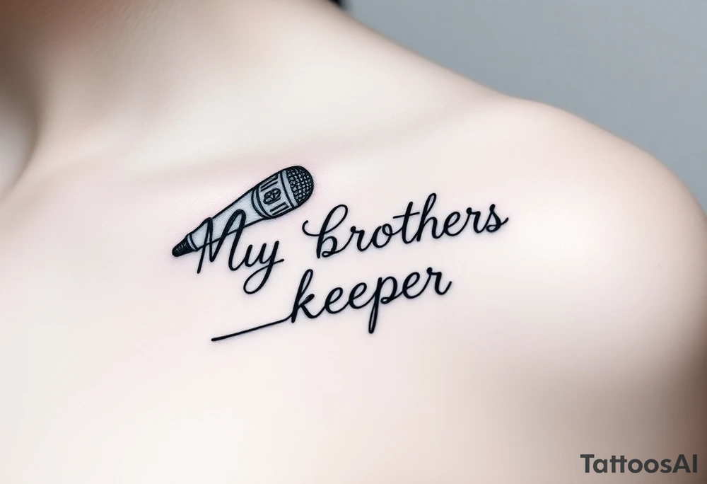 A microphone with the words “My brothers keeper” with the microphone cord looking like it’s actually writing the words . For a female and small tattoo idea