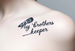A microphone with the words “My brothers keeper” with the microphone cord looking like it’s actually writing the words . For a female and small tattoo idea