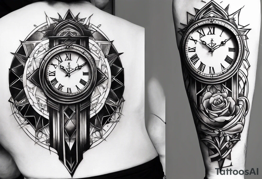 Dessine-moi un tatouage représentant une horloge dans un sablier. C'est un tatouage masculin qui se porte sur l'épaule  en arrière-plan, on y trouve des ombres de chiffre. Romain. tattoo idea