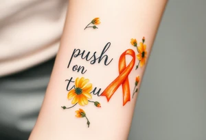 The words “push on through” yellow carnations and orange cancer ribbon tattoo idea