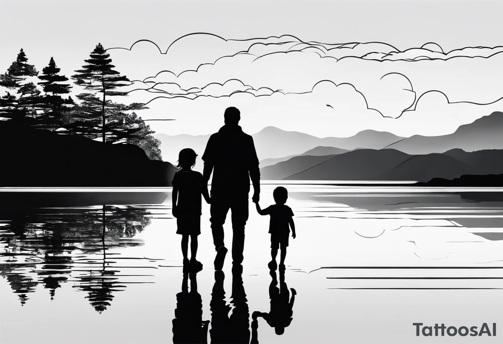 Silhouette of father standing in between daughter and younger son in front of water with reflection tattoo idea