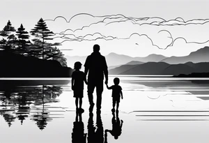 Silhouette of father standing in between daughter and younger son in front of water with reflection tattoo idea