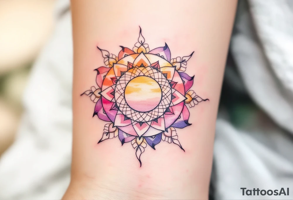 Boho-style “Pura Vida” with a mandala sun in ochre, terracotta, and soft pink behind it. tattoo idea