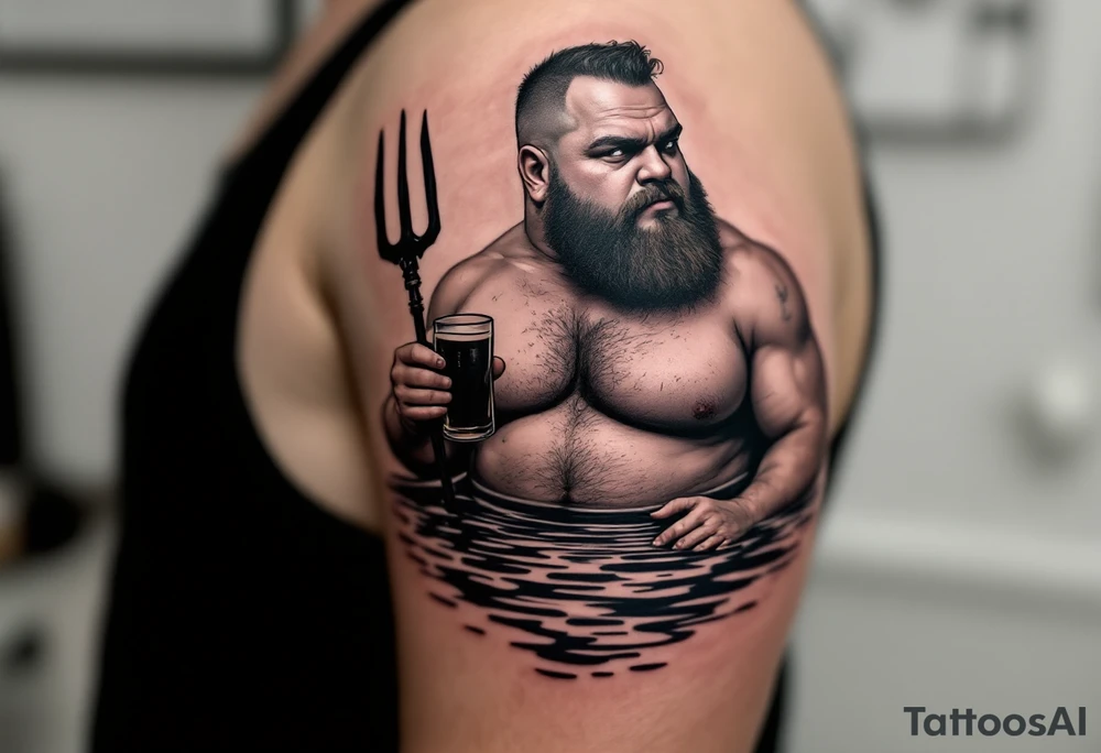 Gay fat guy, with trident, half way in calm water, with a beer tattoo idea