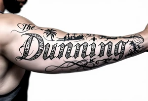 Dunning, Romanian theme with palm trees, cross,angels,npuerto rican tribal patterns tattoo idea