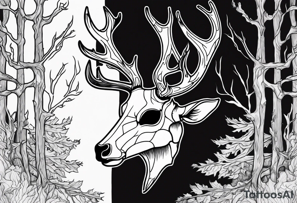 Halloween side view of a DECAYING deer skull JUST BONE surrounded by a flames and trees in background tattoo idea
